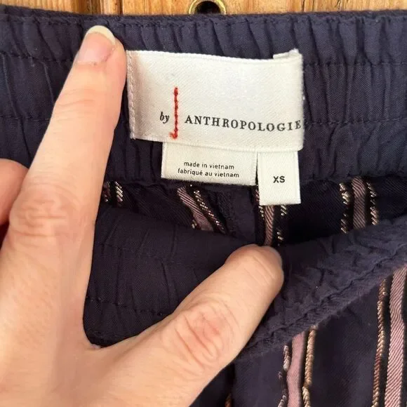 Anthropologie Women's XS‎ Navy Blue Gold Striped Shorts Tie Side Glitter Casual - Picture 2 of 4